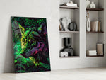 Jungle-mystic artwork anchoring a wall with emerald-and-magenta palette