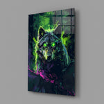 Wolf close-up showing emerald-magenta splatter and glowing eyes
