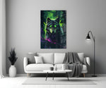 Wolf glass wall art styled above a sideboard in a media room