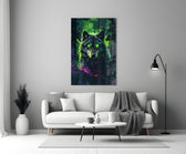 Wolf glass wall art styled above a sideboard in a media room