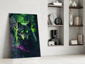 Neon-mystic artwork anchoring a wall with emerald-and-magenta palette