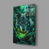 Wolf close-up showing emerald jungle and dark wolf