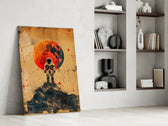 Lone-explorer artwork anchoring a wall with scarlet-and-amber palette