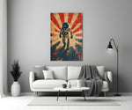 Astronaut glass wall art styled above a console in a media room