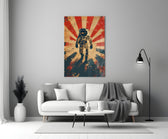 Astronaut glass wall art styled above a console in a media room