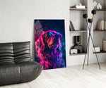 Dog with Glasses glass print enhancing a den with neon firepower
