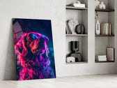 Neon-canine artwork anchoring a wall with magenta-and-cyan palette