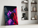 Neon-canine artwork anchoring a wall with scarlet-and-magenta palette