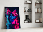 Neon-canine artwork anchoring a wall with magenta-and-cyan palette
