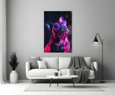 Dog with Glasses glass wall art styled above a console in a media room