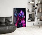 Dog with Glasses glass print enhancing a den with neon firepower
