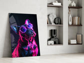 Neon-canine artwork anchoring a wall with magenta-and-cyan palette