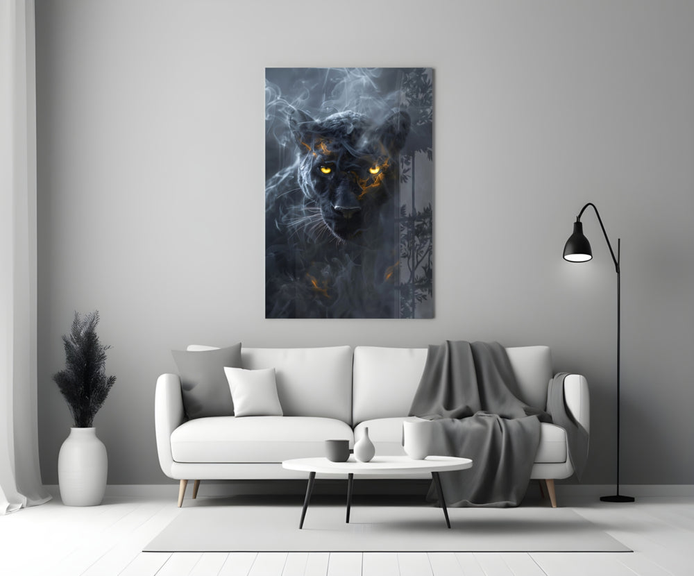 Black Panther glass wall art styled above a console in a study