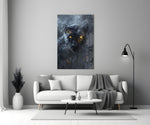 Black Panther glass wall art styled above a console in a study