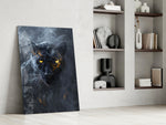 Stalking-predator artwork anchoring a wall with gold-and-onyx palette