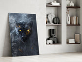 Stalking-predator artwork anchoring a wall with gold-and-onyx palette