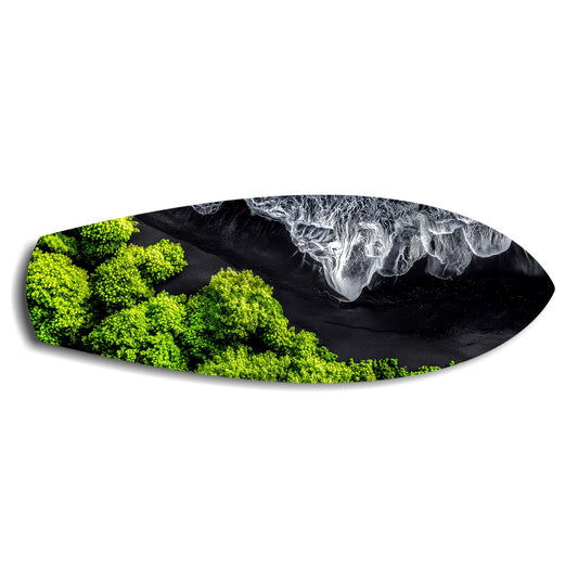 Black Sand Beach Aerial Forest Glass Wall Art.