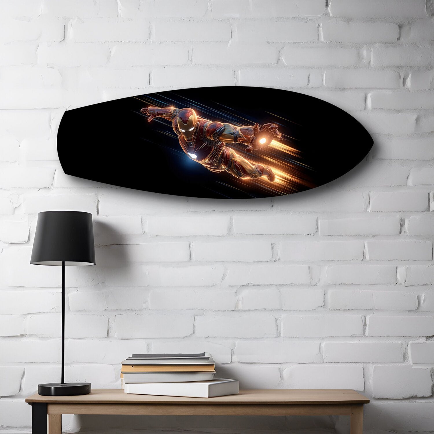 Flying Armored Superhero Glass Wall Art.