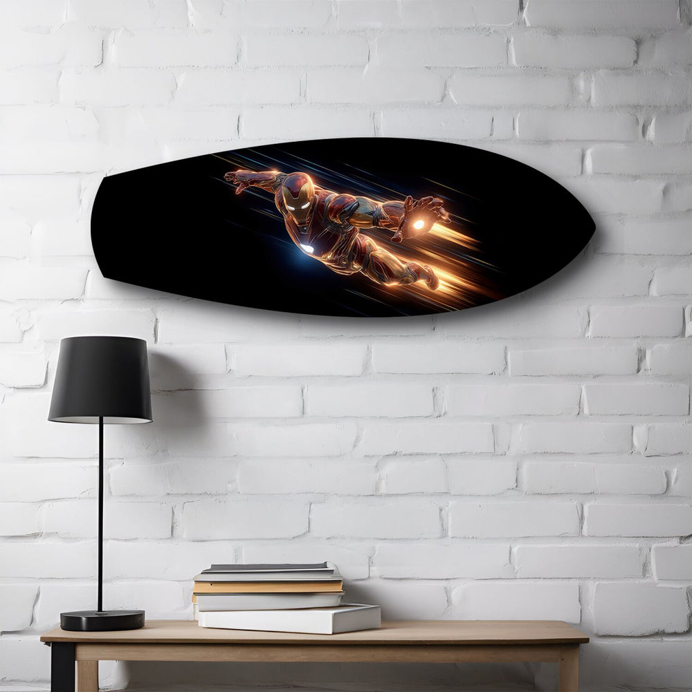 Flying Armored Superhero Glass Wall Art.