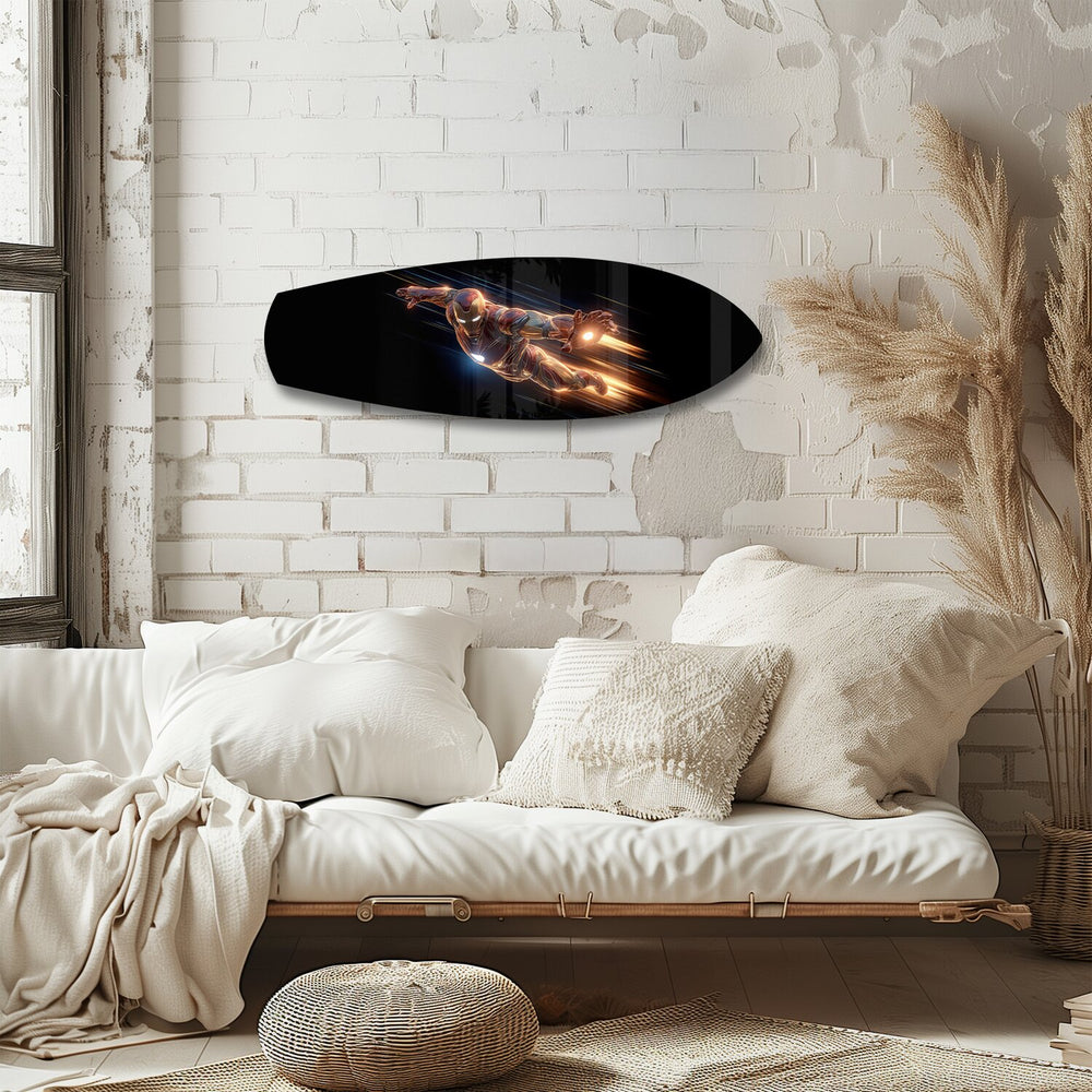 Flying Armored Superhero Glass Wall Art.