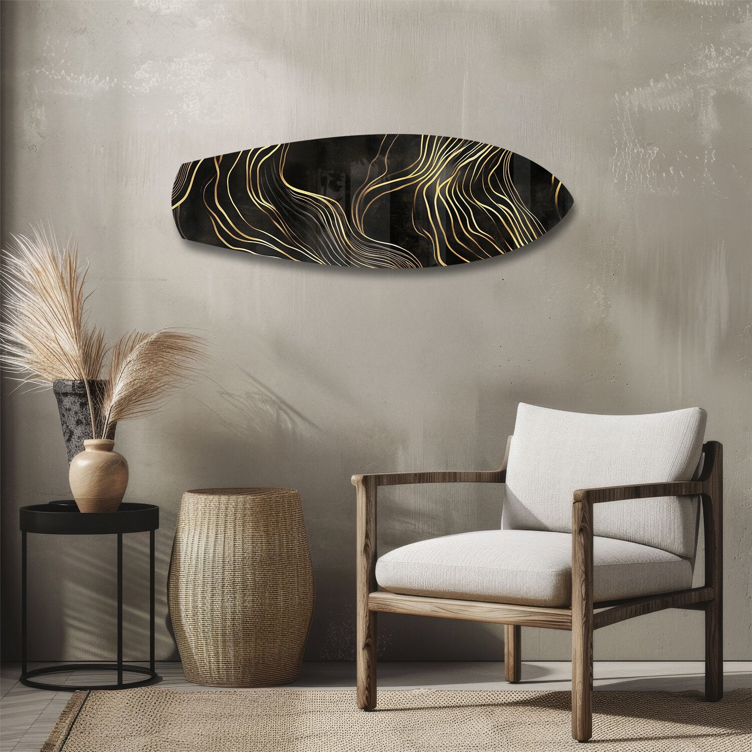 Black and Gold Abstract Waves Glass Wall Art.