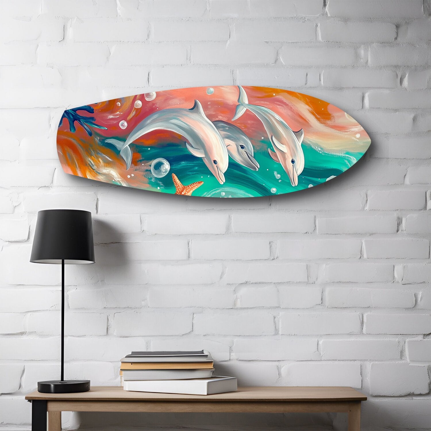 Playful Dolphins Painted Ocean Glass Wall Art.