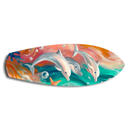 Playful Dolphins Painted Ocean Glass Wall Art.