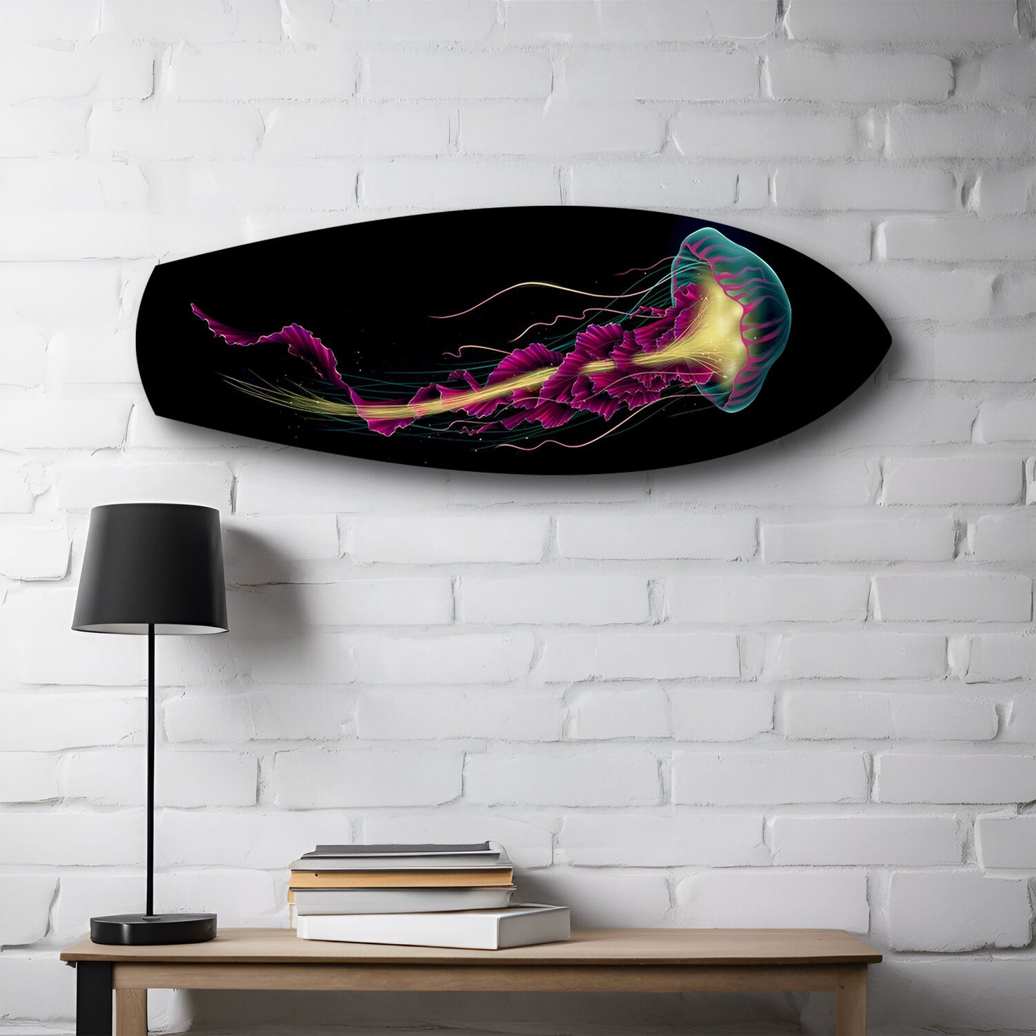Neon Jellyfish on Black Glass Wall Art.