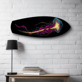 Neon Jellyfish on Black Glass Wall Art.