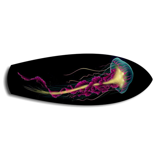 Neon Jellyfish on Black Glass Wall Art.
