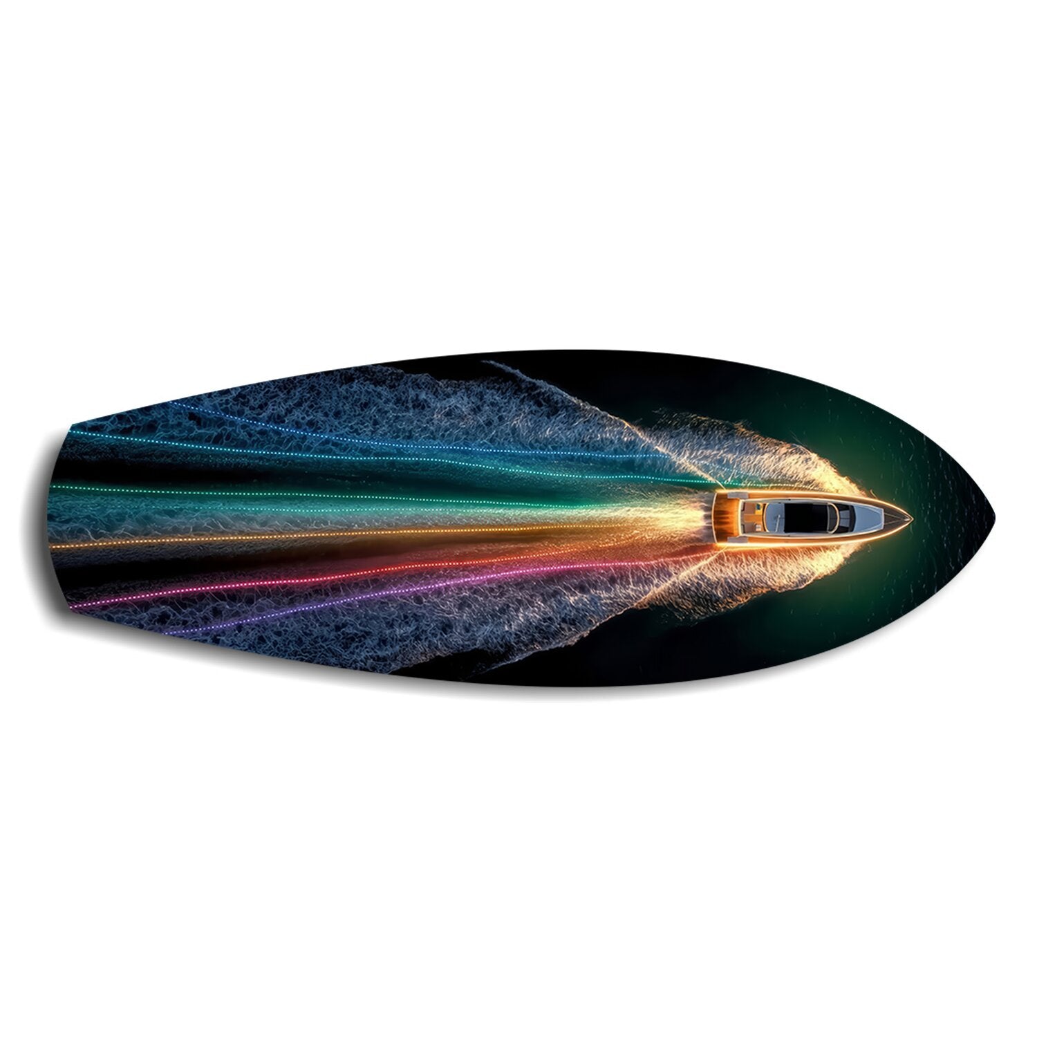 Speedboat Rainbow Light Trails Glass Wall Art.
