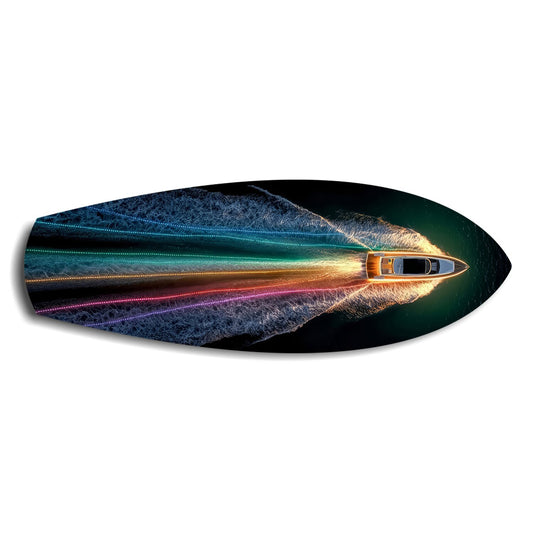 Speedboat Rainbow Light Trails Glass Wall Art.