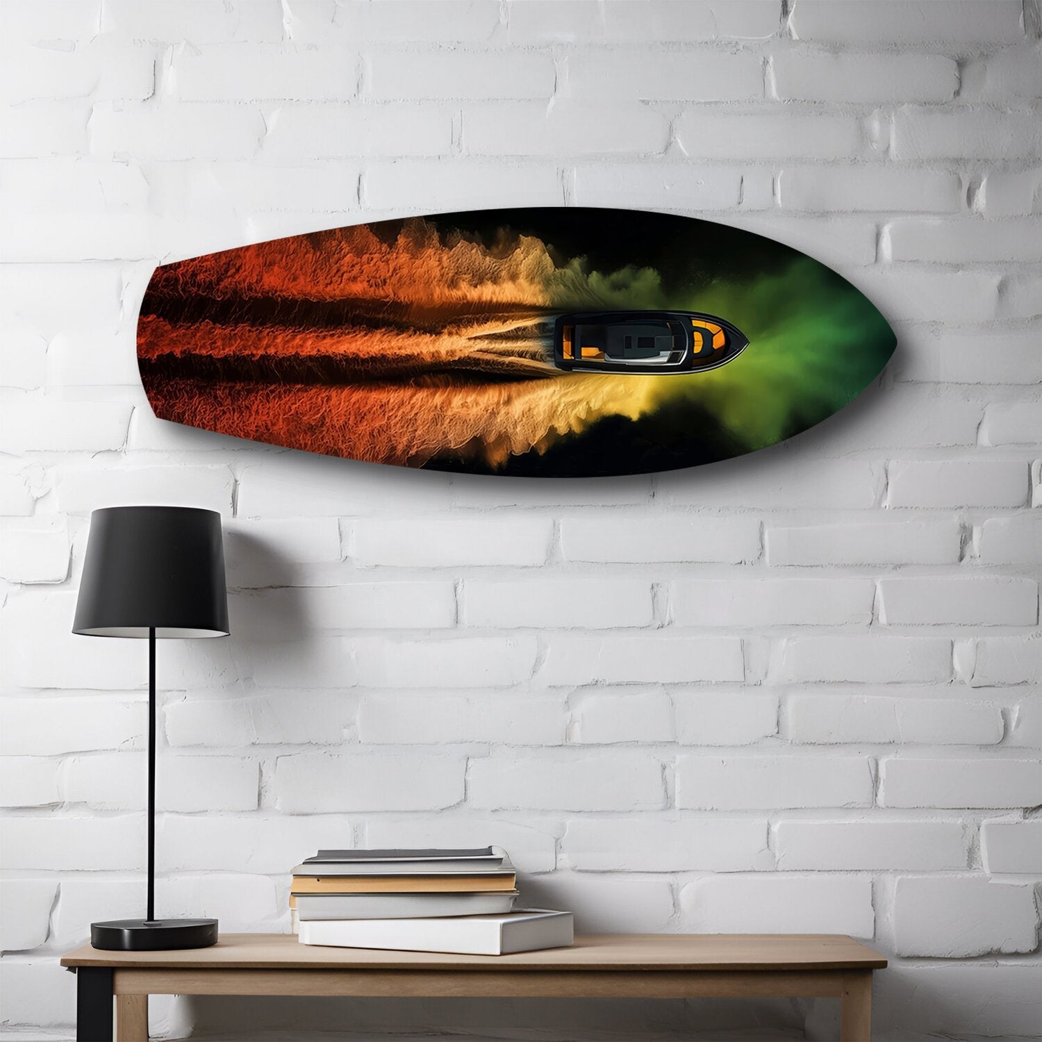 Speedboat Fire and Smoke Trails Glass Wall Art.