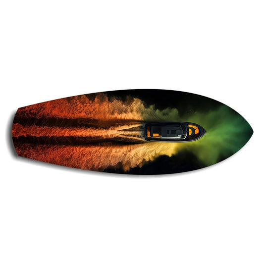 Speedboat Fire and Smoke Trails Glass Wall Art.