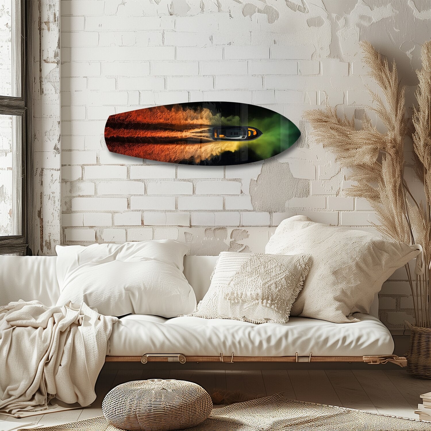 Speedboat Fire and Smoke Trails Glass Wall Art.