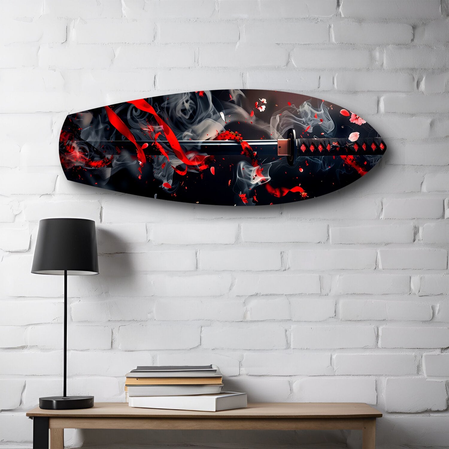 Samurai Katana with Cherry Blossoms Glass Wall Art.