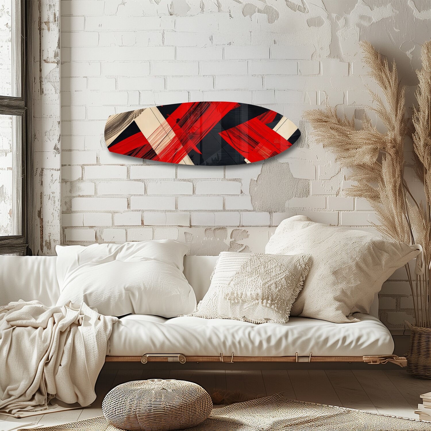 Red Black Geometric Brushstroke Glass Wall Art.