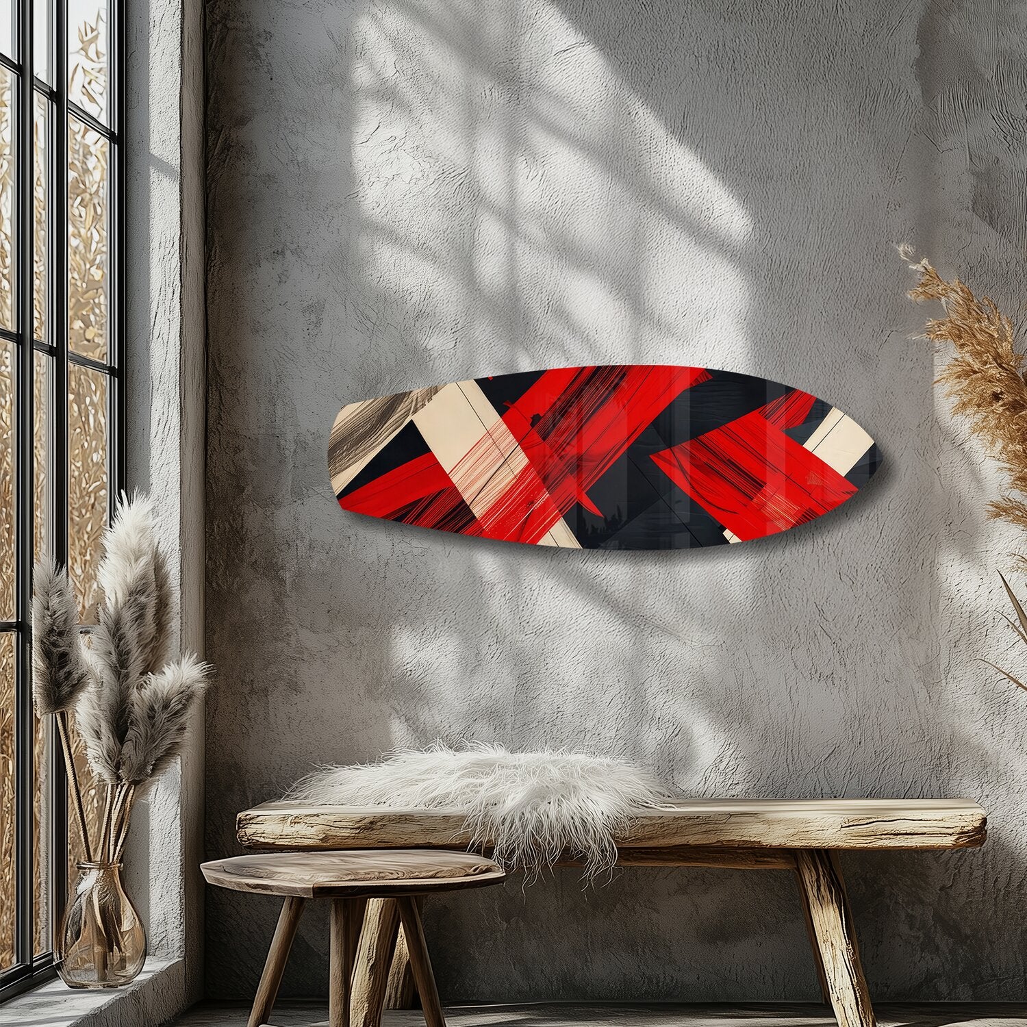 Red Black Geometric Brushstroke Glass Wall Art.