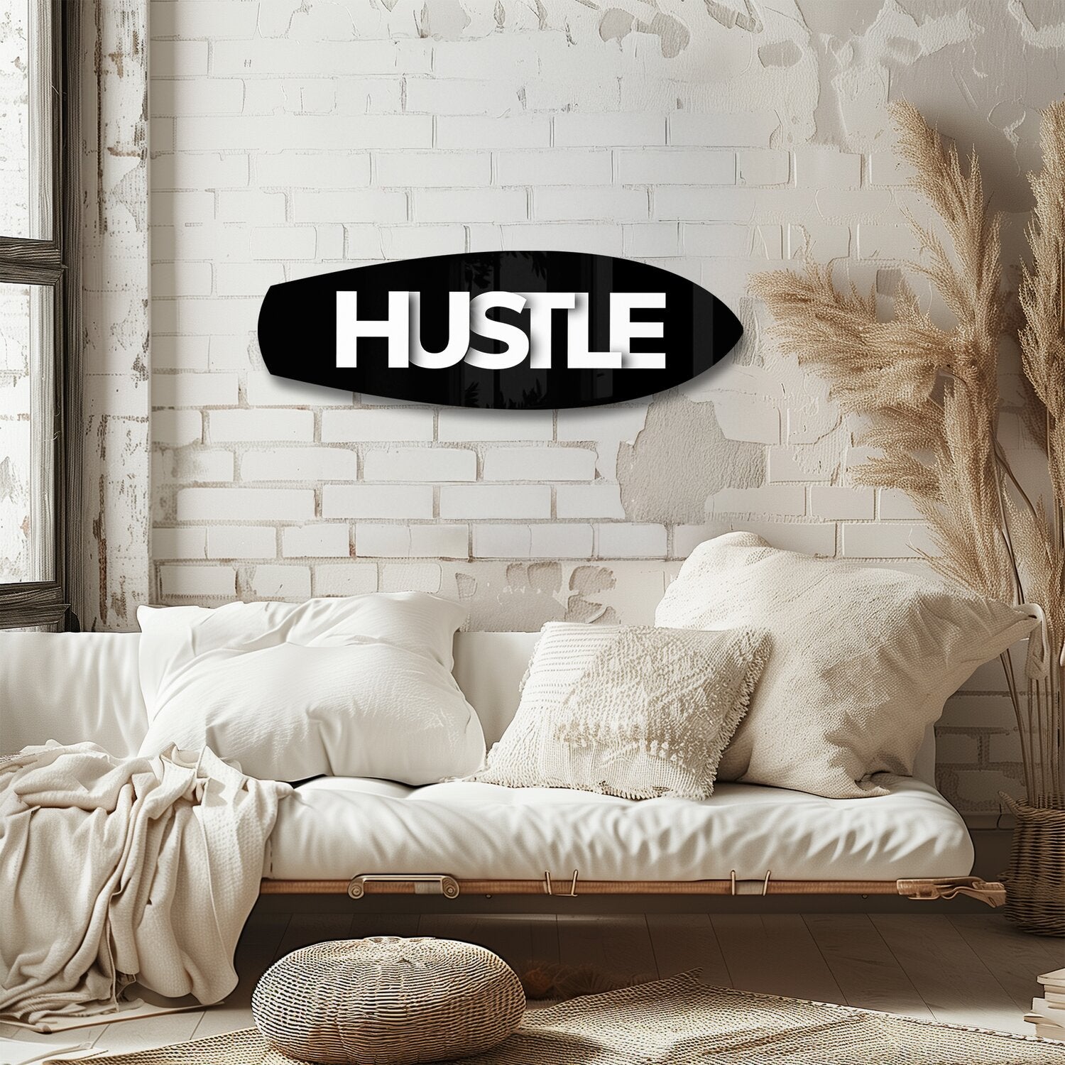 Hustle Typography Motivational Glass Wall Art.