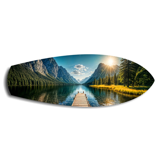 Mountain Lake Dock Sunrise Glass Wall Art.