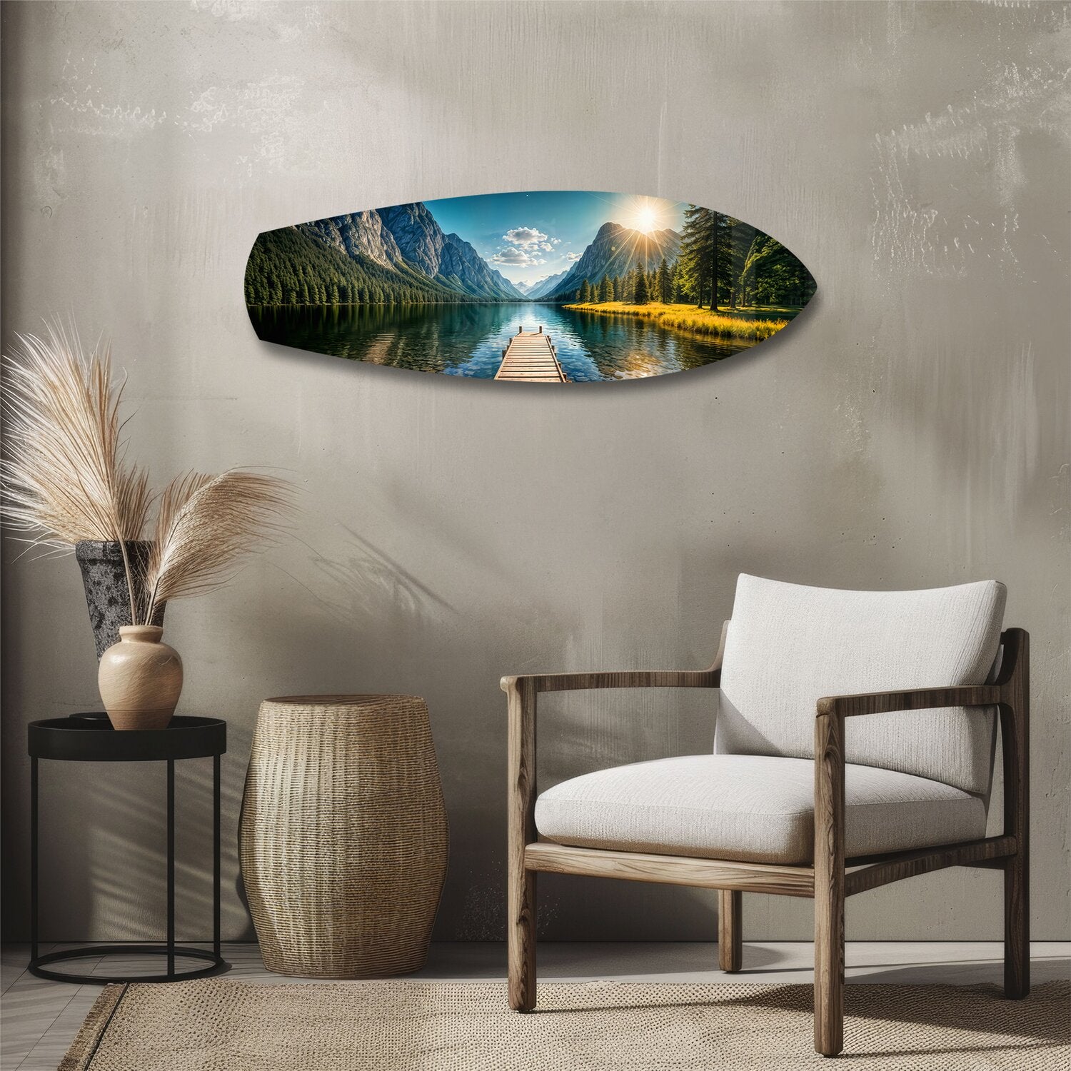 Mountain Lake Dock Sunrise Glass Wall Art.