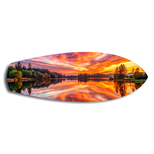 Fiery Lake Sunset Reflection Glass Wall Art.