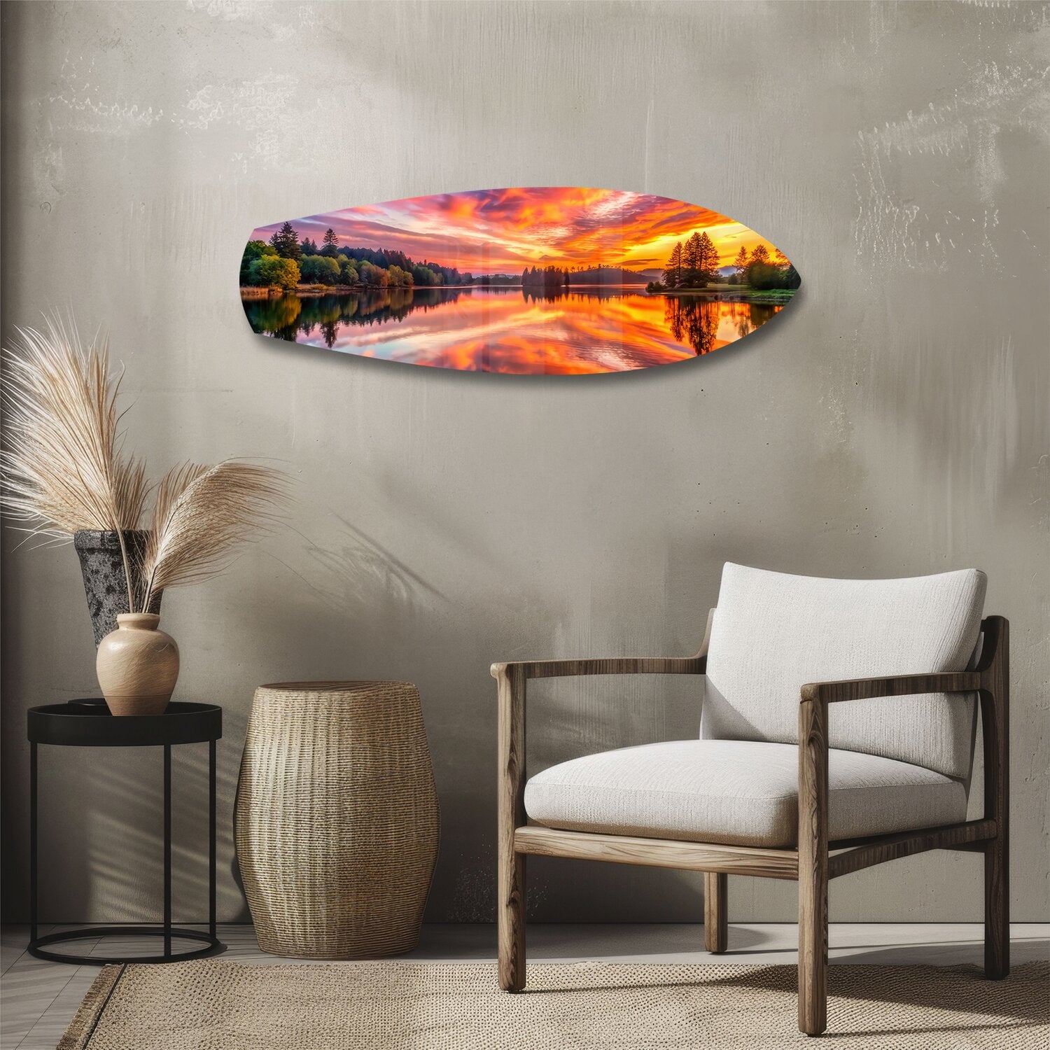Fiery Lake Sunset Reflection Glass Wall Art.
