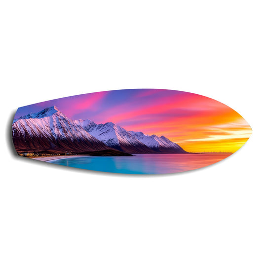 Snowy Mountains Pastel Sunset Glass Wall Art.