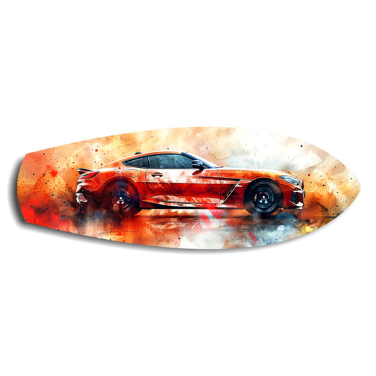 Orange Sports Car Watercolor Glass Wall Art.