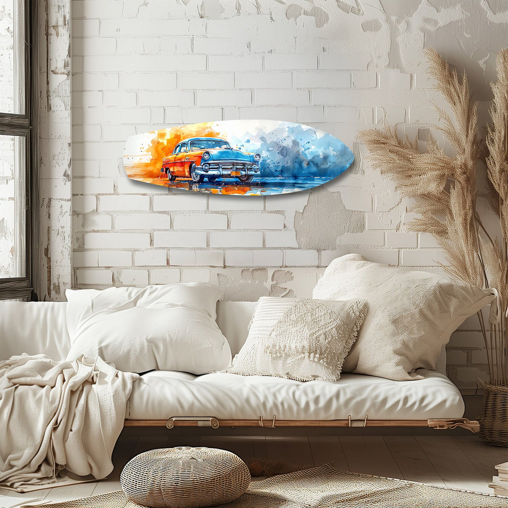 Two-Tone Vintage Car Watercolor Glass Wall Art.