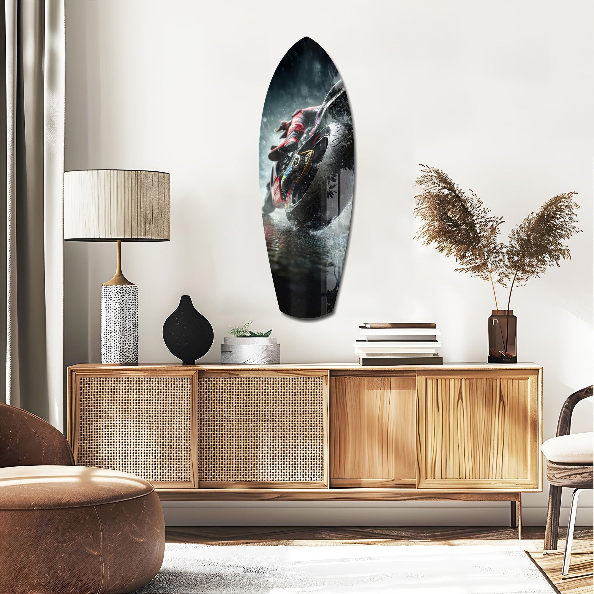 Motorcycle Speed Rain Close-Up Tempered Glass Wall Art.