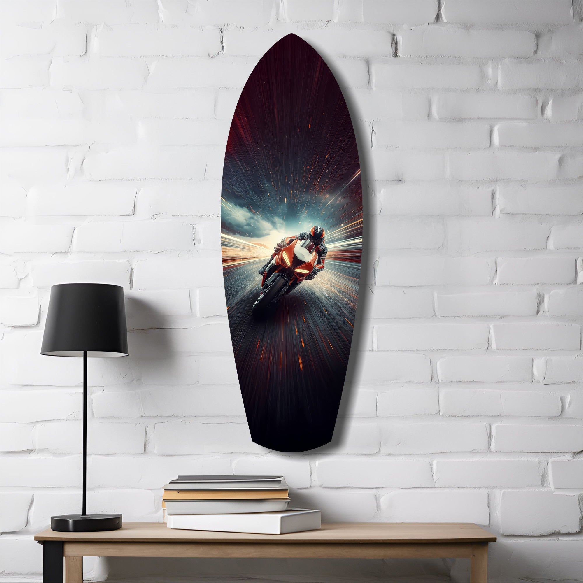 Motorcycle Racer Speed Lines Tempered Glass Wall Art.