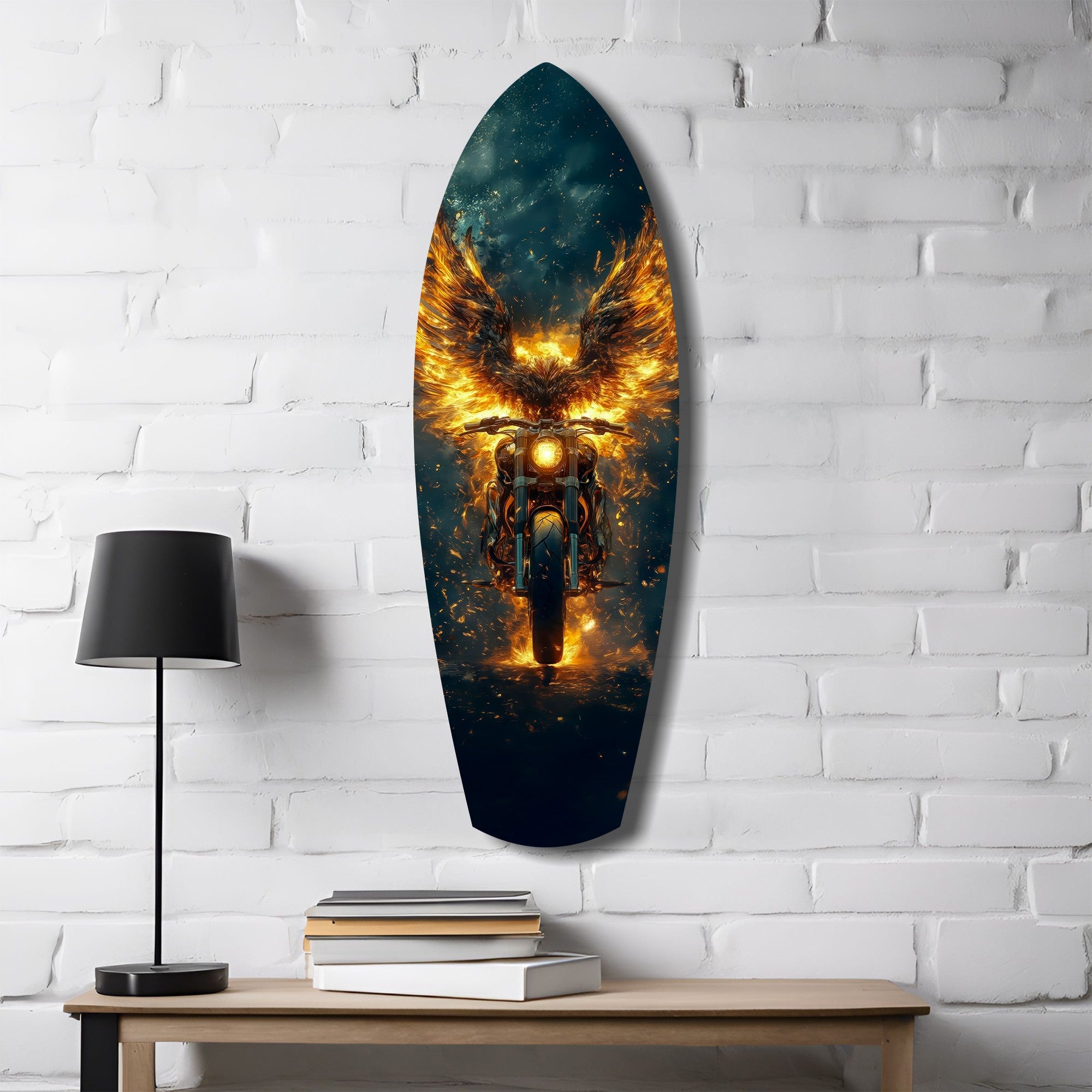 Golden Eagle Wings Motorcycle Fire Glass Wall Art.