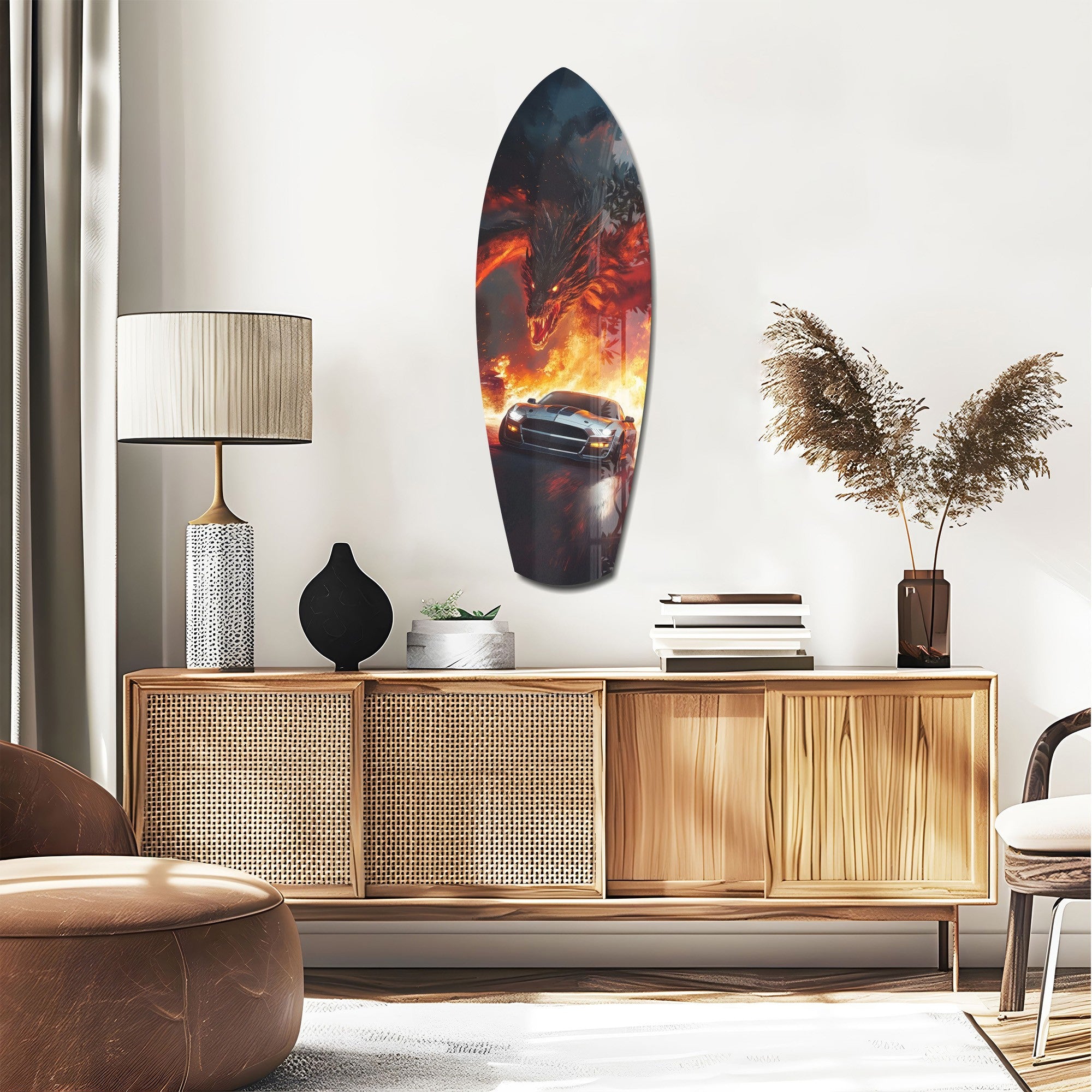 Dragon Sports Car Fire Tempered Glass Wall Art.